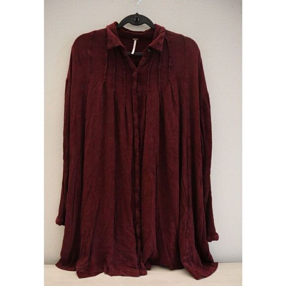 Free People Women's Sz XS Maroon Spin Me Oversized Button Down Shirt Dress - Picture 1 of 7